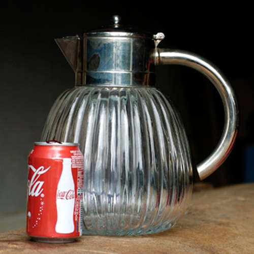 EXQUISITE MADE IN ITALY RIBBED GLASS AND SILVER PLATE BEVERAGE PITCHER WITH ICE INSERT