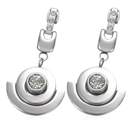 Stainless Steel Geometric Half-Moon Crescent Long Drop Stud Earrings w/ C Z - by Dazzling Jewellers