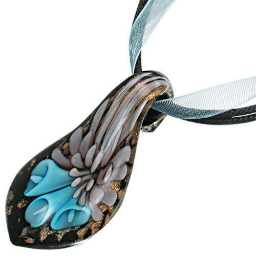 Fashion Inlay Flower Glass Teardrop Black String C ord Lace Necklace - by Dazzling Jewellers