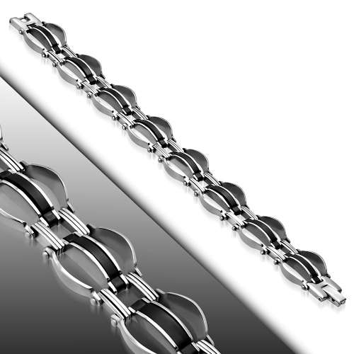 L-21cm W-17mm | Stainless Steel w/ Black Rubber Cut-out Geometric Mens Link Bracelet - BTT122