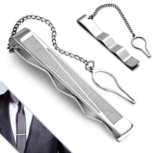 Stainless Steel Triangle Bar Mens Tie Clip w/ Chain - CCR179
