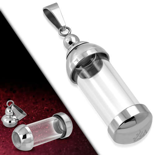 Memorial Ashes Urn Pill Cylinder Pendant. Container with Glass Case and Stainless Steel UPK940