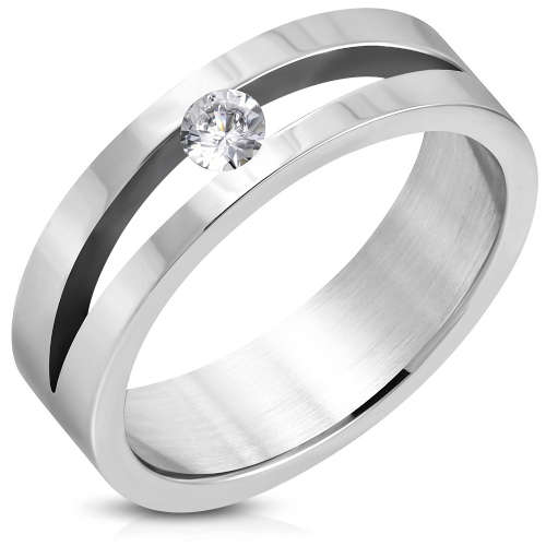 7mm | Stainless Steel Cut-out Flat Band Ring w/ Clear CZ - RTH228Size USA 12.5 / SA Z