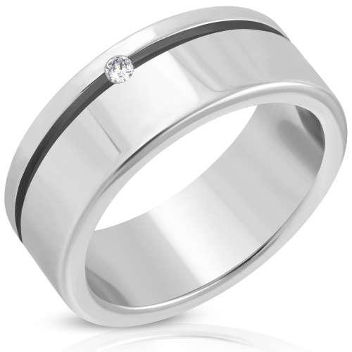 8mm | Stainless Steel Polish Finished Cut-out Flat Band Ring w/ Clear CZ - RTH281 Size R