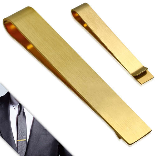 Stainless Steel Matte Finished Engravable Gold Plated Bar Necktie Clip - CCR200
