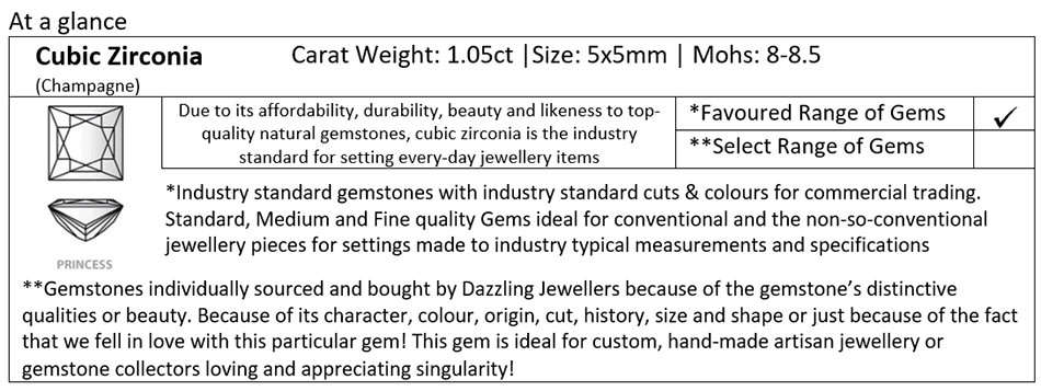 Champagne Cubic Zirconia. Square/Princess-cut. 1.05ct | 5mm