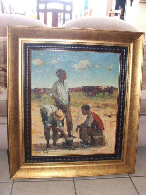 Adriaan Boshoff - Original Oil on Canvas - 3 figures around a fire with herd of cattle.