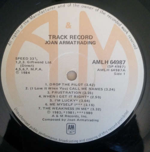 Joan Armatrading - Track Record 1984 Vinyl LP SA