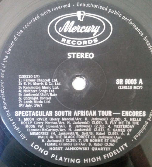 Horst Jankowski Quartet - Spectacular South African Tour - Encores 1967 Vinyl LP SA