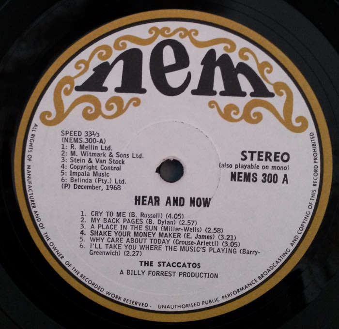 The Staccatos - Hear and Now 1968 Vinyl LP SA