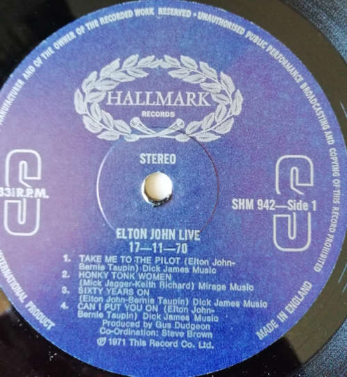 Elton John - Live 17-11-70 1971 Vinyl LP UK