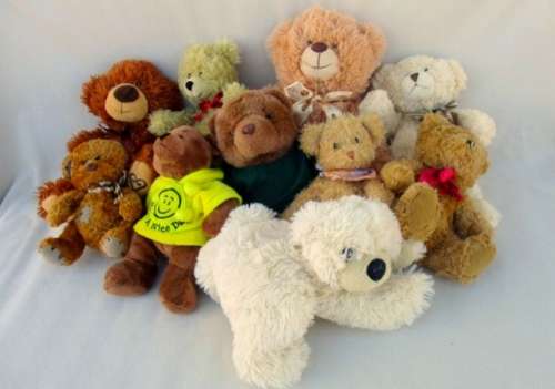 A BUNCH OF TEN NICE-SIZED, SOFT, CLEAN TEDDY BEARS