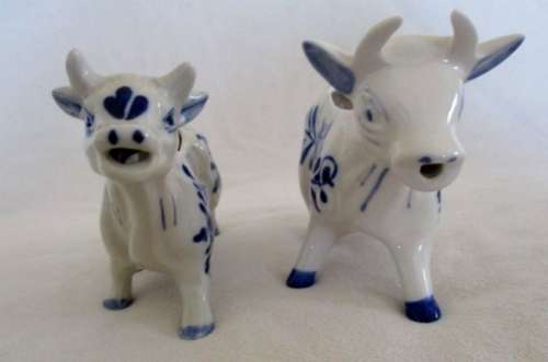 TWO HAND PAINTED DELFT BLUE COW CREAMERS - ONE DEFINITELY VINTAGE