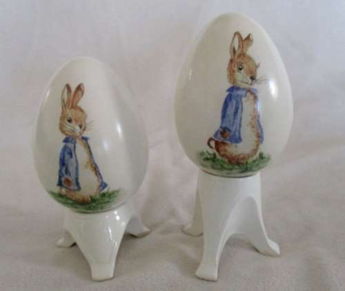 TWO VERY PRETTY ORNAMENTAL BEATRIX POTTER PETER RABBIT EGGS ON STANDS - EGGS SIGNED