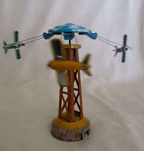 COLLECTABLE RETRO TOYCOMET WIND-UP/LEVER TIN AIRPLANE CAROUSEL WITH BOX