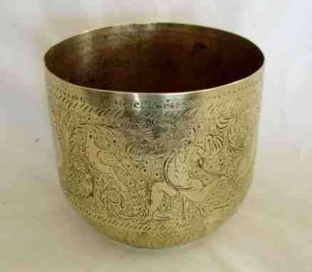A VERY DECORATIVE VINTAGE ORIENTAL SOLID BRASS PLANTER DEPICTING DANCING MAN AND BIRDS - SIGNED