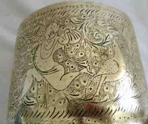 A VERY DECORATIVE VINTAGE ORIENTAL SOLID BRASS PLANTER DEPICTING DANCING MAN AND BIRDS - SIGNED