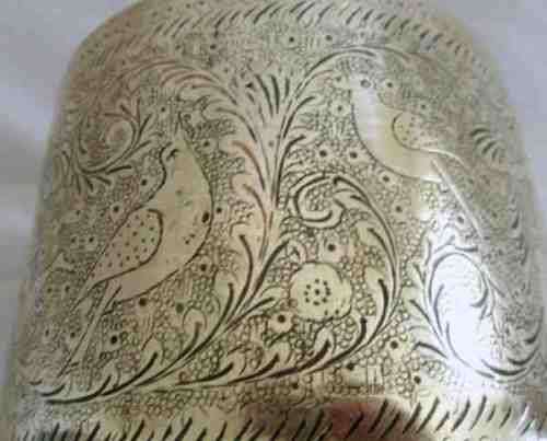 A VERY DECORATIVE VINTAGE ORIENTAL SOLID BRASS PLANTER DEPICTING DANCING MAN AND BIRDS - SIGNED