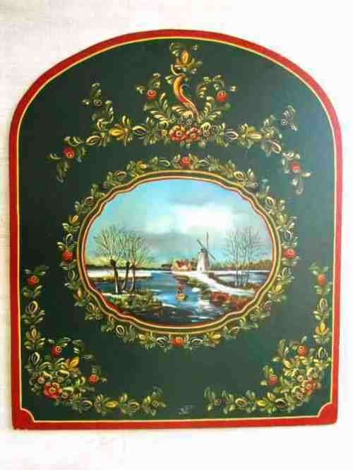 VERY LARGE DECORATIVE HAND PAINTED, SIGNED, WOODEN PLAQUE TO USE AS FIRE SCREEN OR WALL DECOR