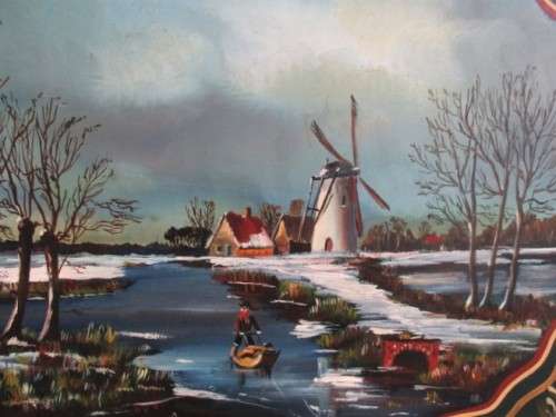 VERY LARGE DECORATIVE HAND PAINTED, SIGNED, WOODEN PLAQUE TO USE AS FIRE SCREEN OR WALL DECOR