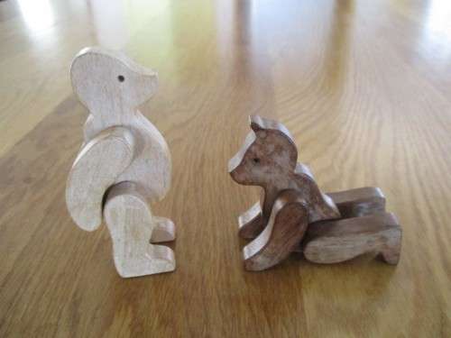 TWO ADORABLE VINTAGE LITTLE WOODEN TEDDY BEARS TO POSE AT WILL