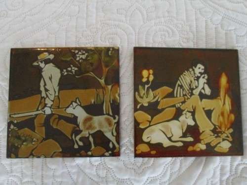 TWO MEN AND THEIR DOGS - DECORATIVE CERAMIC TILES 1970's/80's - ONE PILKINGTON AND ONE LIEBERMANN?