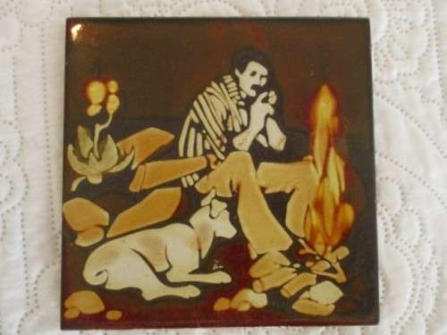 TWO MEN AND THEIR DOGS - DECORATIVE CERAMIC TILES 1970's/80's - ONE PILKINGTON AND ONE LIEBERMANN?