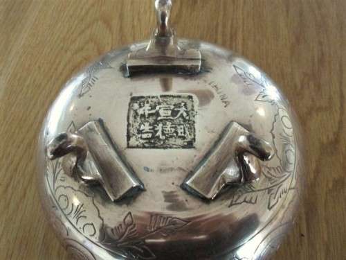 TWO VINTAGE CHINESE FOOTED (ELEPHANT HEADS) SOLID BRASS BOWLS WITH DRAGON MOTIF - SIGNED ON BASE