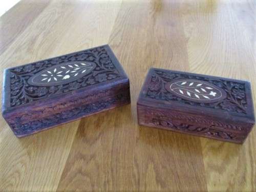 TWO VINTAGE DIFFERENT-SIZED HAND CARVED WOODEN JEWELLERY BOXES WITH BONE INLAY