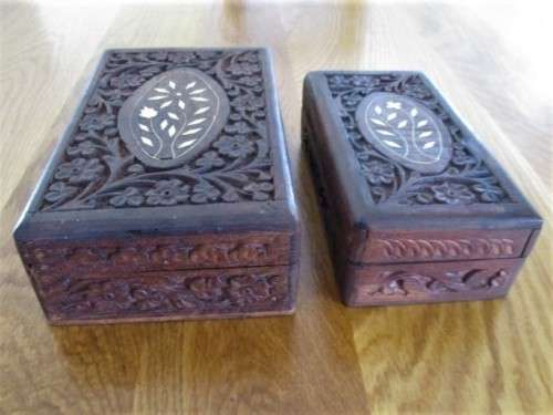 TWO VINTAGE DIFFERENT-SIZED HAND CARVED WOODEN JEWELLERY BOXES WITH BONE INLAY