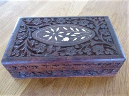 TWO VINTAGE DIFFERENT-SIZED HAND CARVED WOODEN JEWELLERY BOXES WITH BONE INLAY