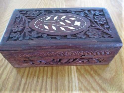 TWO VINTAGE DIFFERENT-SIZED HAND CARVED WOODEN JEWELLERY BOXES WITH BONE INLAY
