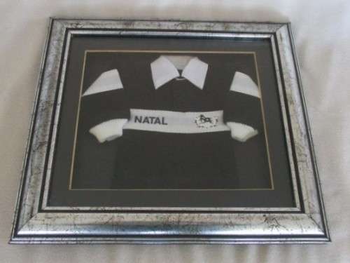 A FRAMED MINIATURE NATAL RUGBY JERSEY WITH PRE-SHARKIE, PRE-1995 WILDEBEEST LOGO