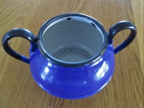 FOR JEMIMA ONLY - VINTAGE BLUE ENAMEL SUGAR BASIN WITH LID