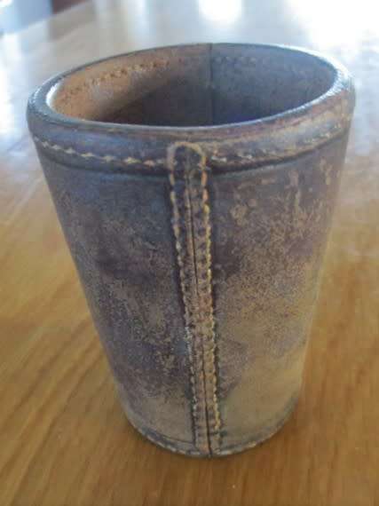 ANTIQUE LEATHER CUP AND 2 SETS OF DICE  - "WITH THE COMPLIMENTS OF THE UNITED TOBACCO CO (SOUTH) LTD