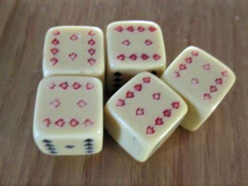 ANTIQUE LEATHER CUP AND 2 SETS OF DICE  - "WITH THE COMPLIMENTS OF THE UNITED TOBACCO CO (SOUTH) LTD