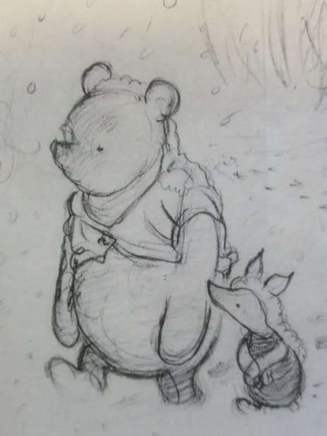 THE SWEETEST SMALL ORIGINAL PENCIL SKETCH OF WINNIE THE POOH AND PIGLET