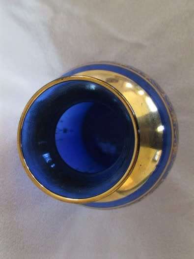 VINTAGE COBALT BLUE VASE WITH GOLD TRIMMING (PLEASE DISREGARD REFLECTIONS)