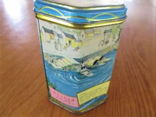 VINTAGE LITHOGRAPHED EARL GREY TEA TIN WITH ORIENTAL BOATING SCENE