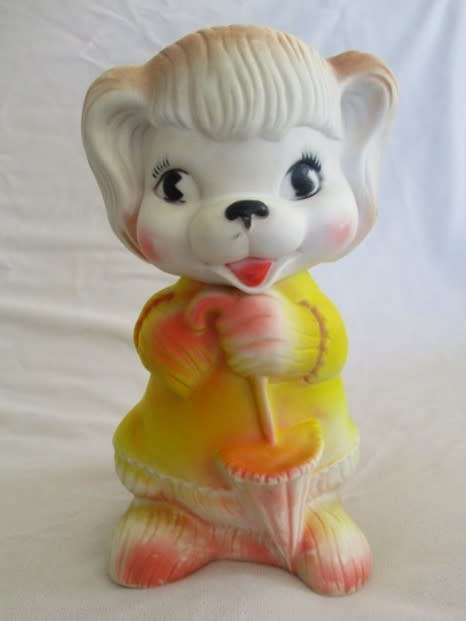 LARGE VINTAGE RUBBER SQUEAKY TOY - CUTE DOG WITH UMBRELLA AND TURNING HEAD - SQUEAKER WORKING!