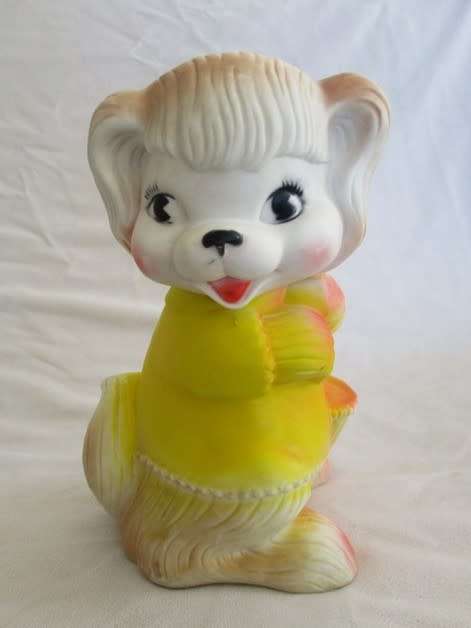LARGE VINTAGE RUBBER SQUEAKY TOY - CUTE DOG WITH UMBRELLA AND TURNING HEAD - SQUEAKER WORKING!