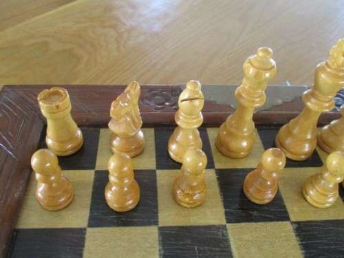 VINTAGE WOODEN CHESS SET IN WOODEN BOX WITH DRAWERS - COMPLETE