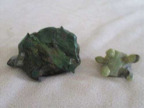 TWO BEAUTIFUL TORTOISES - CARVED OUT OF STONE - MALACHITE AND ??