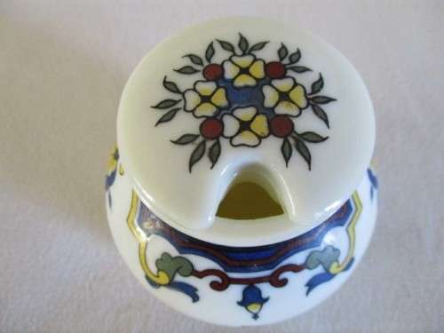 VINTAGE/ANTIQUE HAND PAINTED OPALINE MILK GLASS FRENCH MUSTARD JAR