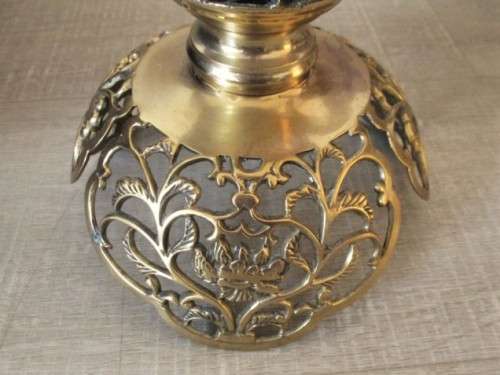 GORGEOUS!! ENORMOUS ORNATE BRASS CANDLE HOLDER WITH CANDLE (COMPARE SIZE TO WINE BOTTLE AND CHAIR)