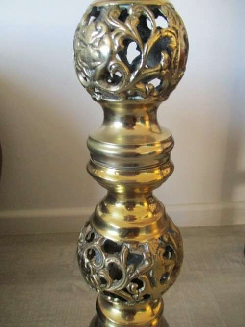 GORGEOUS!! ENORMOUS ORNATE BRASS CANDLE HOLDER WITH CANDLE (COMPARE SIZE TO WINE BOTTLE AND CHAIR)
