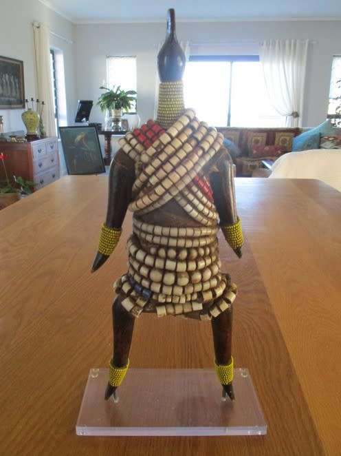 WEIRD AND WONDERFUL - VINTAGE 36CM TALL ADORNED WOODEN NDEBELE SCULPTURE  - STUNNING PIECE!!