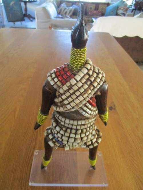 WEIRD AND WONDERFUL - VINTAGE 36CM TALL ADORNED WOODEN NDEBELE SCULPTURE  - STUNNING PIECE!!
