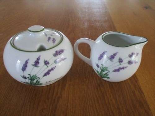 QUALITY GERMAN WIESENTHAL CREAMER AND LIDDED SUGAR BASIN - LAVENDER DESIGN