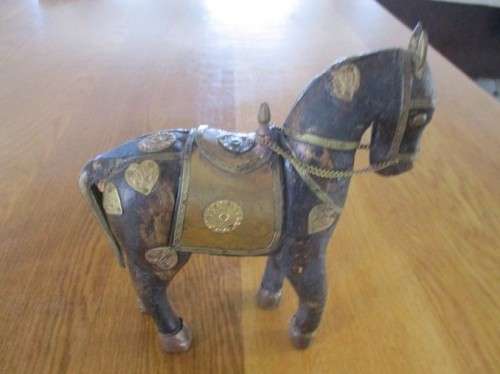 TWO VERY OLD HAND CRAFTED WOODEN HORSES WITH COPPER AND BRASS INLAYS FROM INDIA/MIDDLE EAST